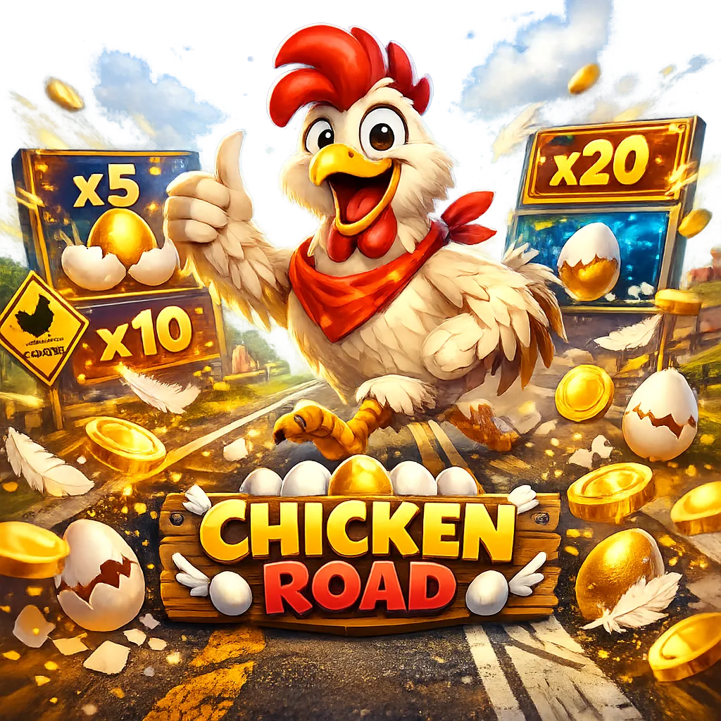 Dynamic promotional image for Chicken Road slot game featuring a playful chicken, road lanes, and bright arcade energy